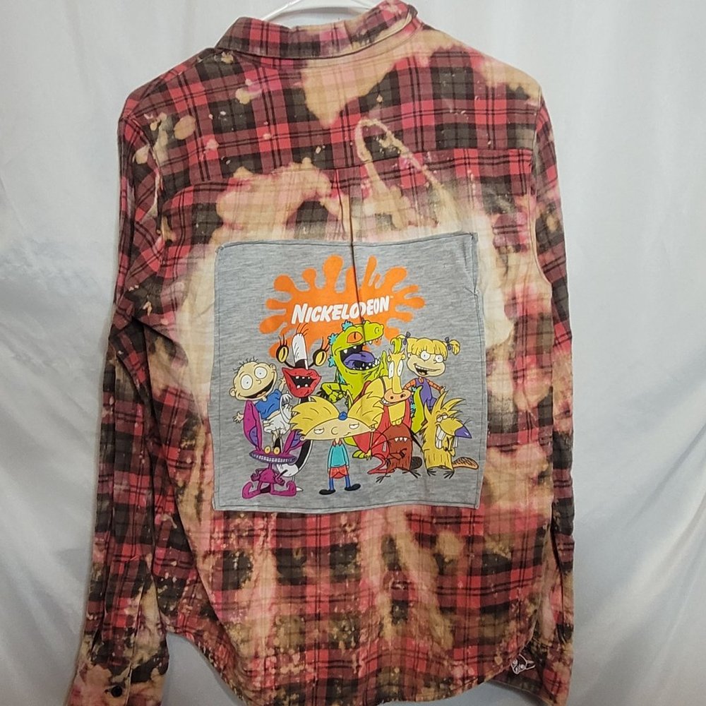 Nickelodeon Upcycle Bleached Flannel Shirt Red Green Plaid Size Med